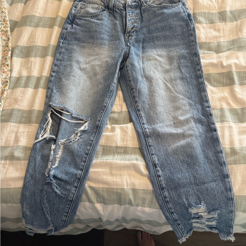 Pink Lily Blue Boyfriend Jeans with Distressed Details